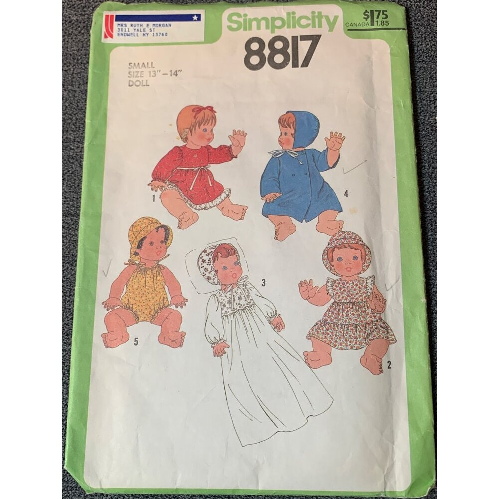 Simplicity 8817 Vintage Baby Doll Clothes for 13" & 14" Doll Sewing Pattern 1978